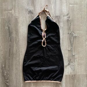 Black Halter Dress with Tan Trim